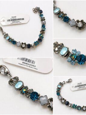 NWT Sorrelli Blue Teal Crystal Floral Link Bracelet Silver Tone